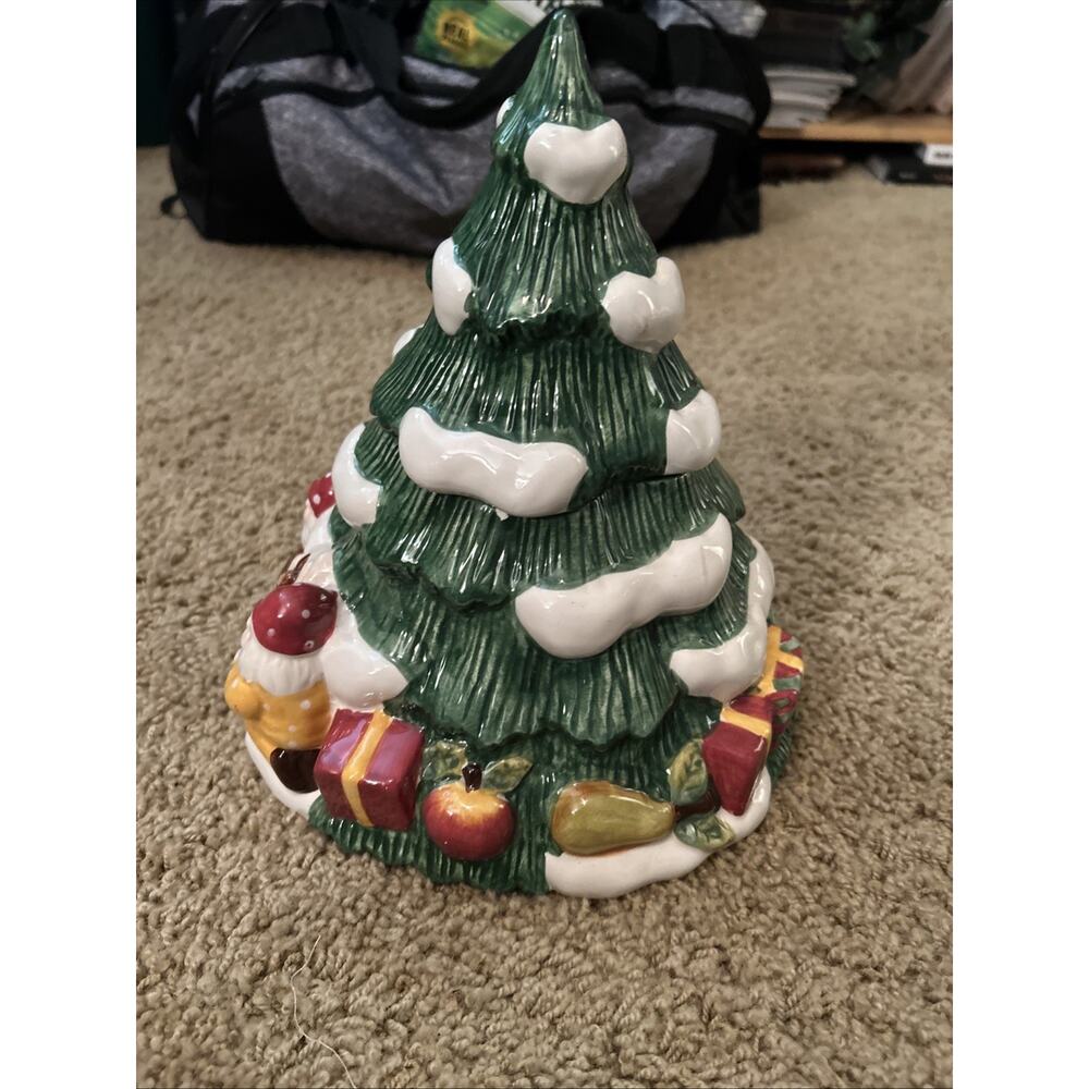 Vtg Christmas Tree Cookie Jar Gnome Deer Ceramic Presents Snow 11” Elements - Picture 4 of 7